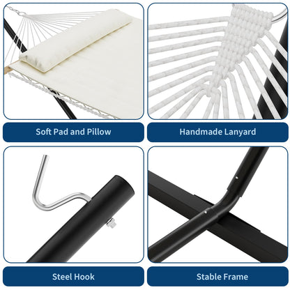 Double Hammock with Stand for 2, Heavy Duty 350 Lb Capacity Portable Rope Hammock for Indoor & Outdoor Use, Includes Padded Mat and Pillow, Tool-Free Easy Assembly, Beige
