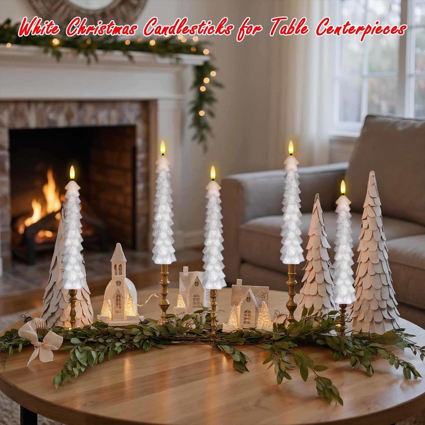 KunSwenn Christmas Tree Candles with Remote, White Christmas Tree Flameless Taper Candles Battery Operated, Real Wax Set of 4 LED Christmas Flameless Candlesticks for Xmas Winter Holiday Home Decor