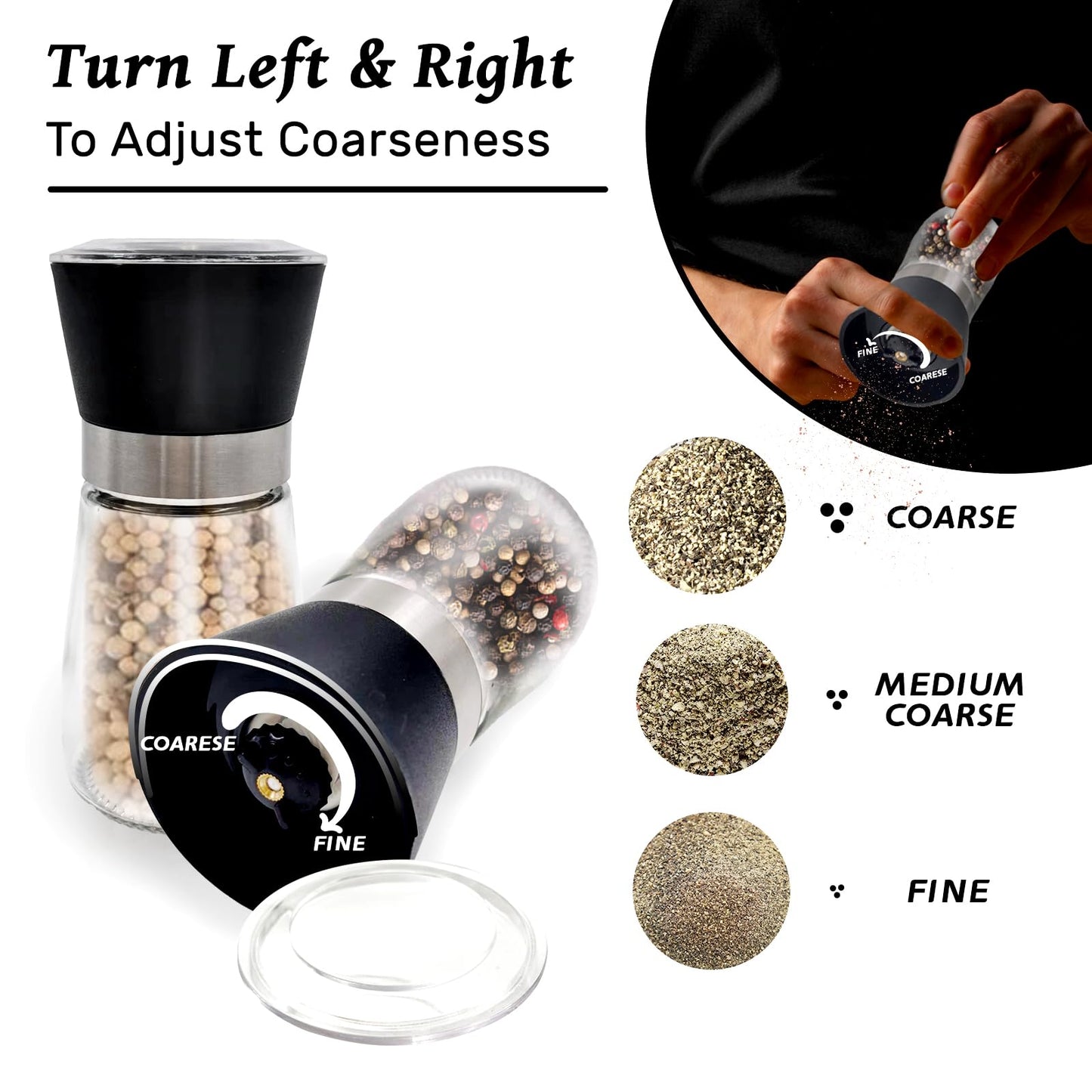 Daily Treasures 2 Pack Salt and Pepper Grinder Set with Acrylic Holder,Refillable Salt Grinder,Stainless Steel Pepper Grinder Mill,Seasoning Grinder with Adjustable Coarseness,Glass Shaker for Kitchen