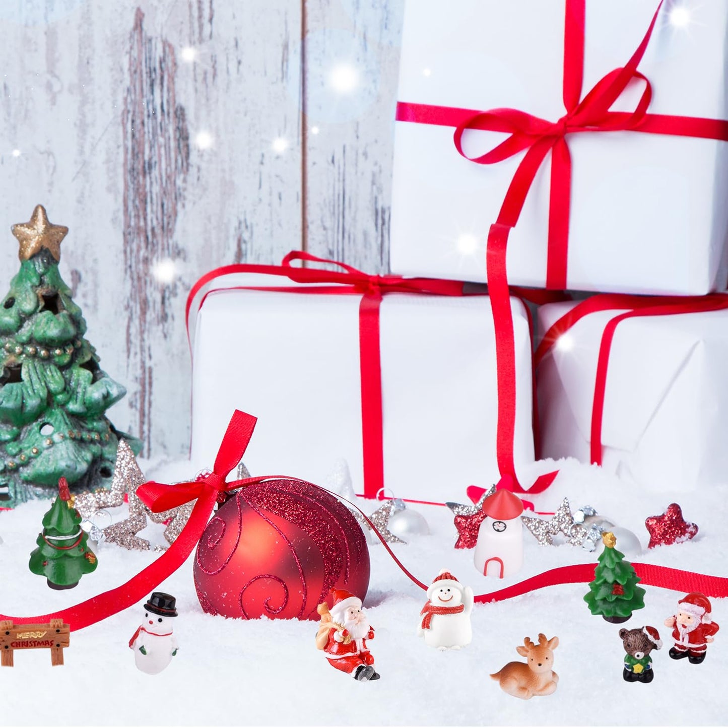 KUUQA 50 Pcs Mini Christmas Ornament Kits,Mini Christmas Trees Bottle Brush Trees with Resin Santa Claus, Snowman, Snowflake, Bell, Elk, Candy Cane for Christmas Party Supplies