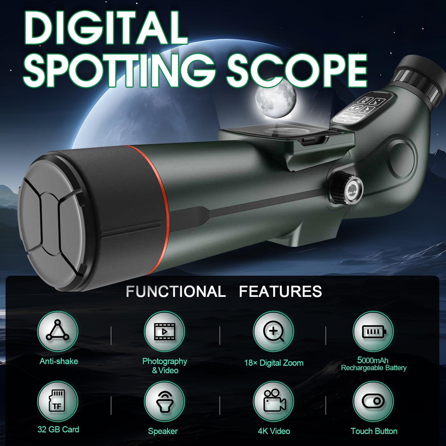 Digital Spotting Scope with Screen Portable Auto-Focus Electronic 4K Smart Telescope with Tripod 32GB SD Card and Carrying Bag for Stargazing Bird Watching, Wildlife Viewing Hunting Green