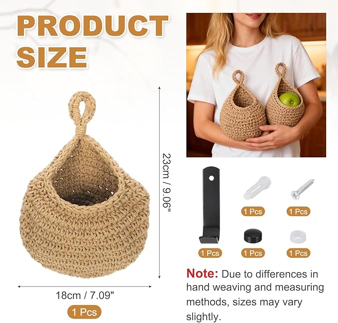 uxcell Hanging Fruit Baskets for Kitchen, Hand-Woven Wall Hanging Storage Jute