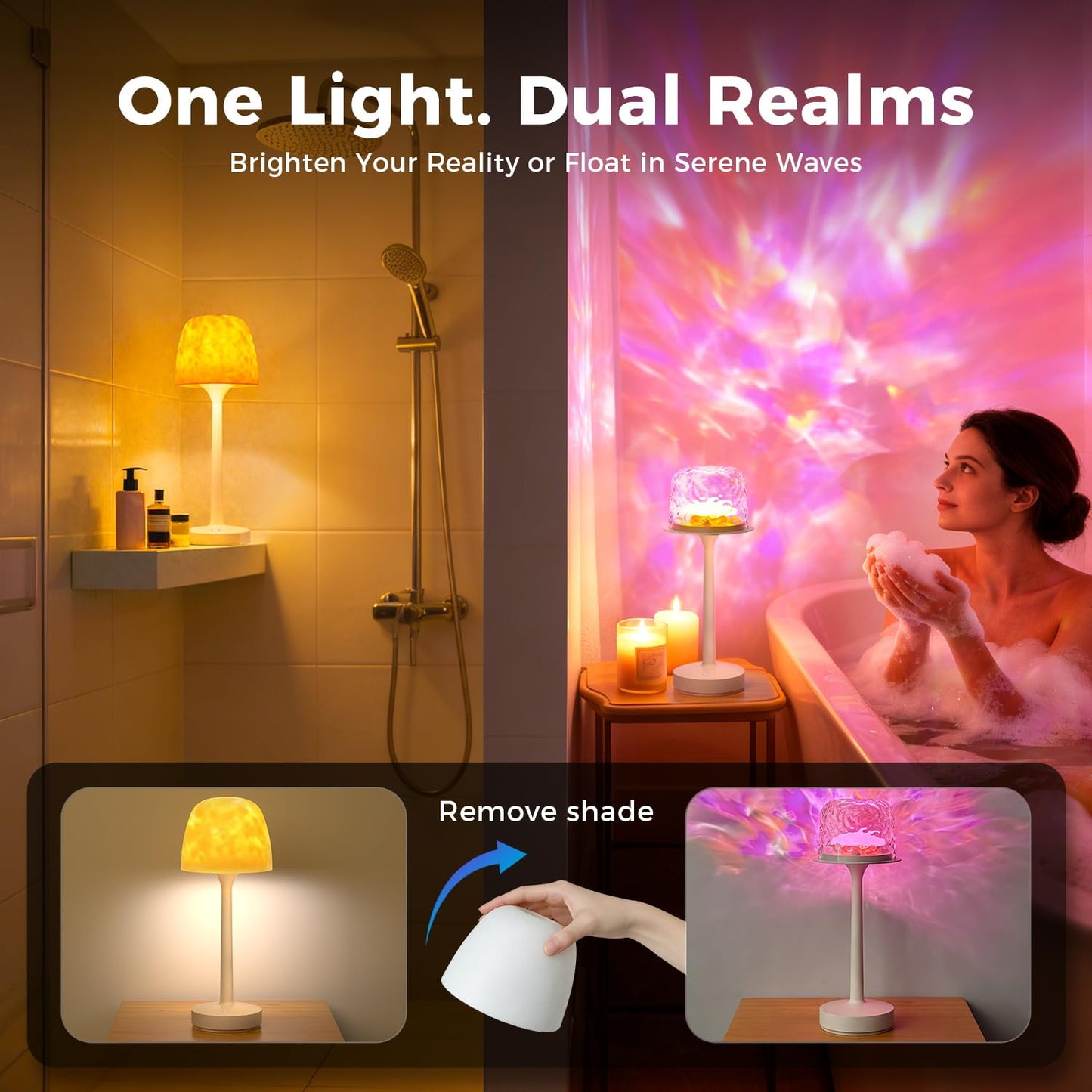 Waterproof Shower Lamp Sets with 16 Color Ocean Wave Projector, Rechargeable LED Light with Remote & Touch Control, household lamp sets 3 White Modes,USB-C for Bathroom, Bedroom, Spa Gifts