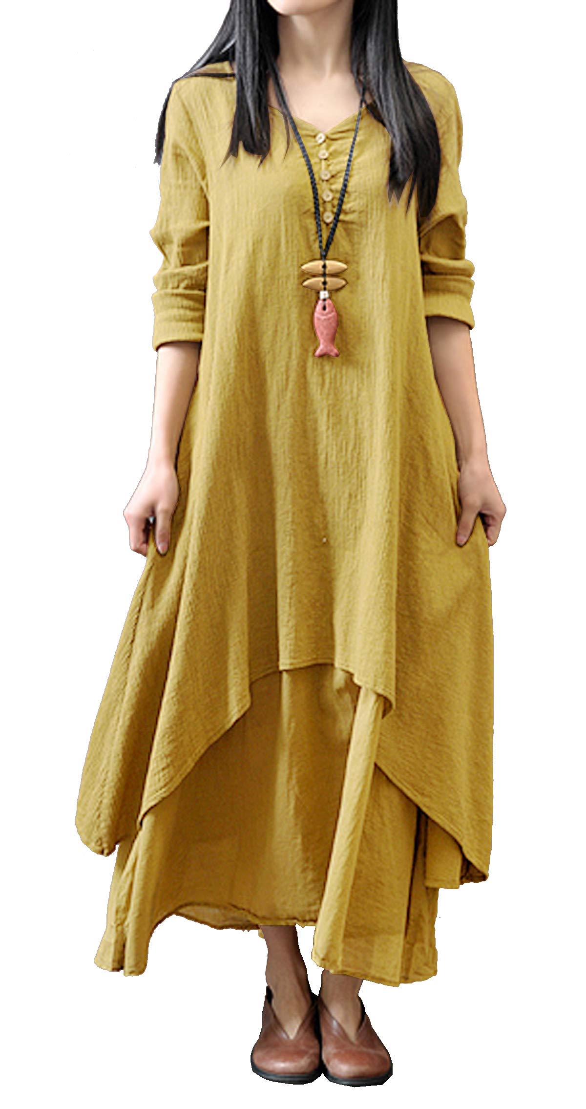 R.Vivimos Women Long Sleeve Cotton Casual Loose Plus Size Irregular Long Dresses