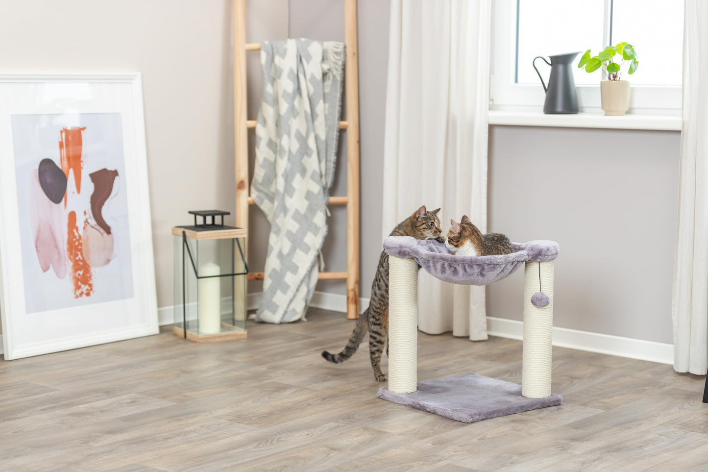 TRIXIE Baza Cat Scratching Post 19,7 Inch - with Durable Sisal Rope and with Fluffy Hammock and Dangling Cat Toy - in Gray