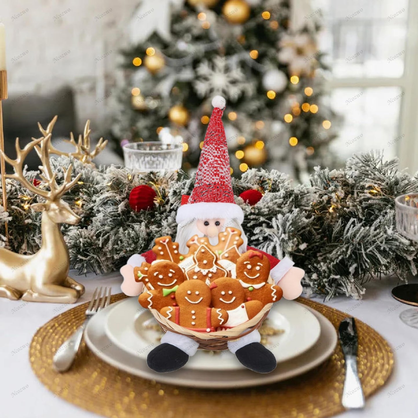 Ncozwo Christmas Candy Cookies Storage Basket Santa Claus Sweets Woven Holder Basket Xmas Snacks Bowl Candy Dish Gingerbread Chocolate Dessert Baskets for Party Winter Holiday Table Desk Decoration