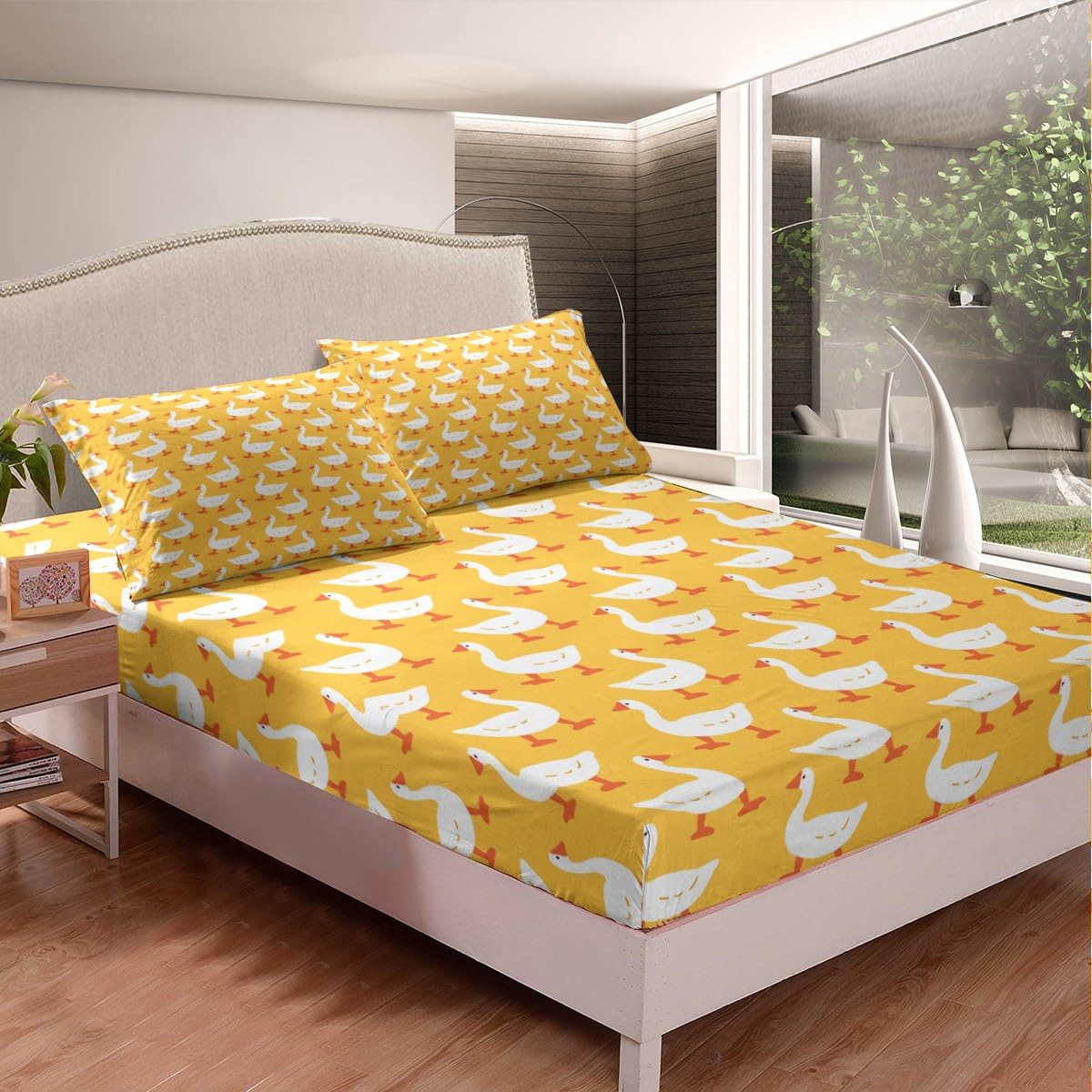 Erosebridal Farmhouse Animal Sheet Set for Kids Child,White Yellow Goose Bed Sheets Full,Cartoon Duck Doodle Bedding Set,Rustic Wild Pet Fitted Sheet + Top Sheet + 2 Pillowcases Bedroom Decor