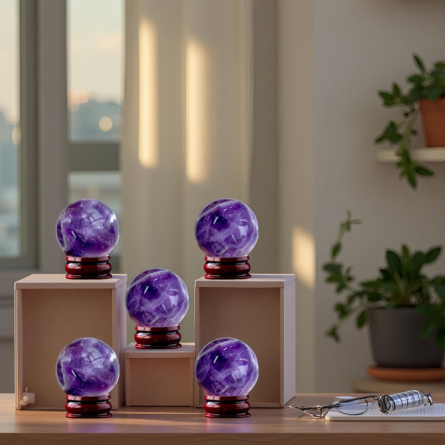 DUKIZA Natural Amethyst Ball 5PC Real Crystal Ball Crystal Decor Sphere for Healing Amethyst Ball Crystal Ball with Stand Real Crystal Sphere for Decor and Divination