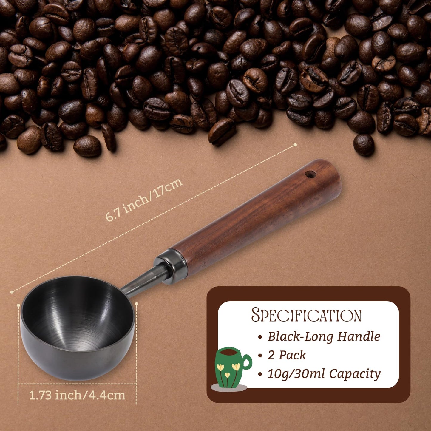Vintage Coffee Scoop 10g/30ml Capacity 2pcs Retro 304 Stainless Steel Coffee Measuring Spoon Walnut Wooden Handle Coffee Scoop Kitchen Utensil for Measuring Scooping Tea Coffee Spices (Long Handle)