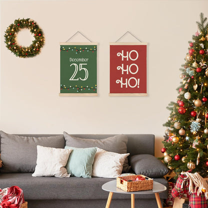 LUVADIAN Christmas Wall Decor, Hohoho Christmas Lights Wall Art With Wooden Poster Hanger, Christmas Wall Decoration, Red and Green Christmas Wall Decor for Home Office, 12x16 Inch Set of 2