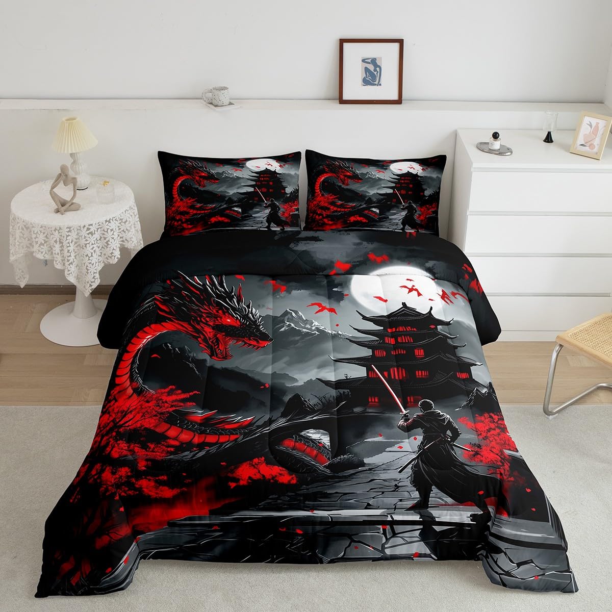 Erosebridal Dragon Bedding Set Full Size, Japanese Style Comforter Set for Teens Youth Adult Men Room, Ancient Animal Quilt, Retro Wildlife Ukiyo-E Down Comforter, Black Grey Red