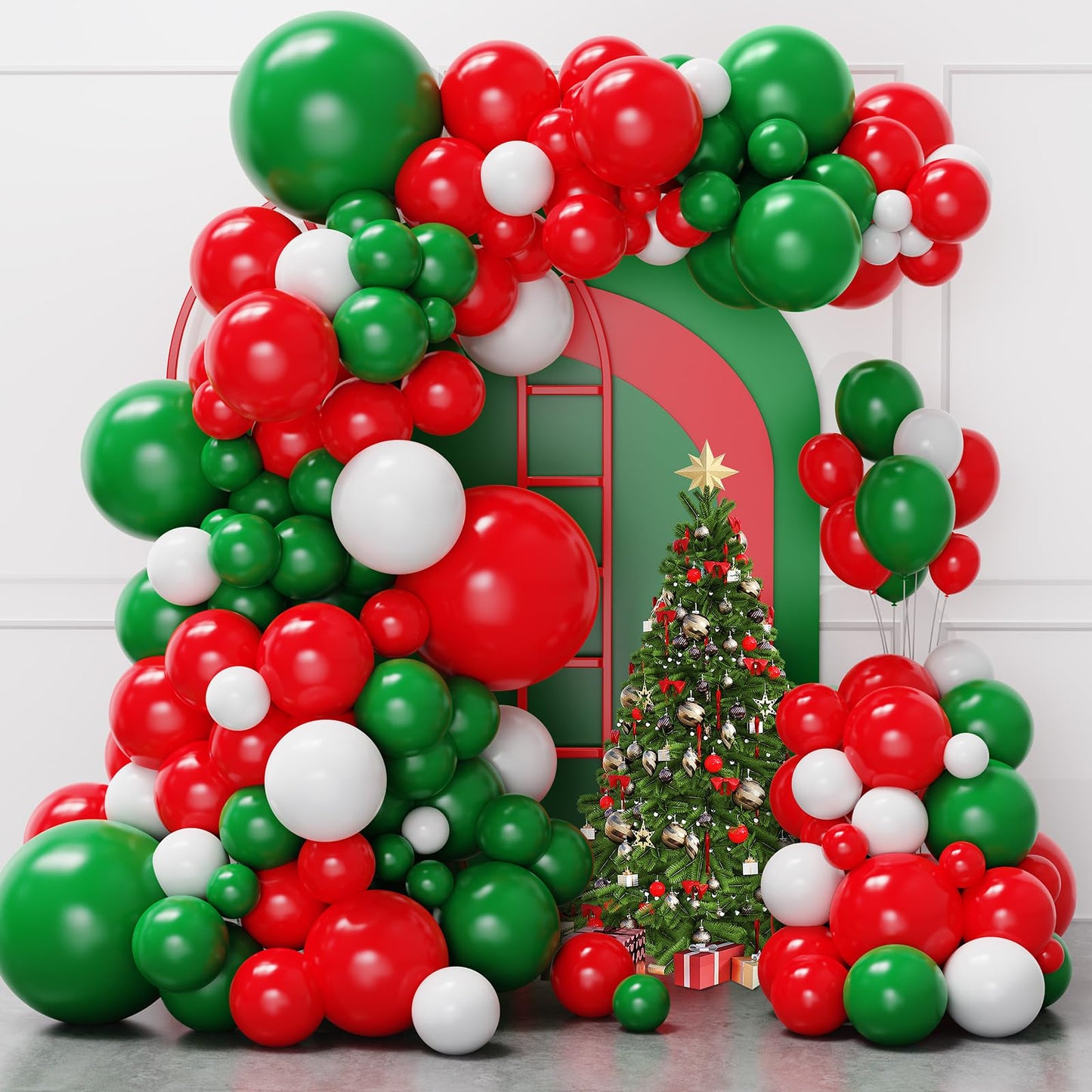 Christmas Balloons Garland Arch Kit, 129pcs Red Green White Balloons Kit Different Size,Red and Green Latex Balloons for Christmas New Years Party Decorations