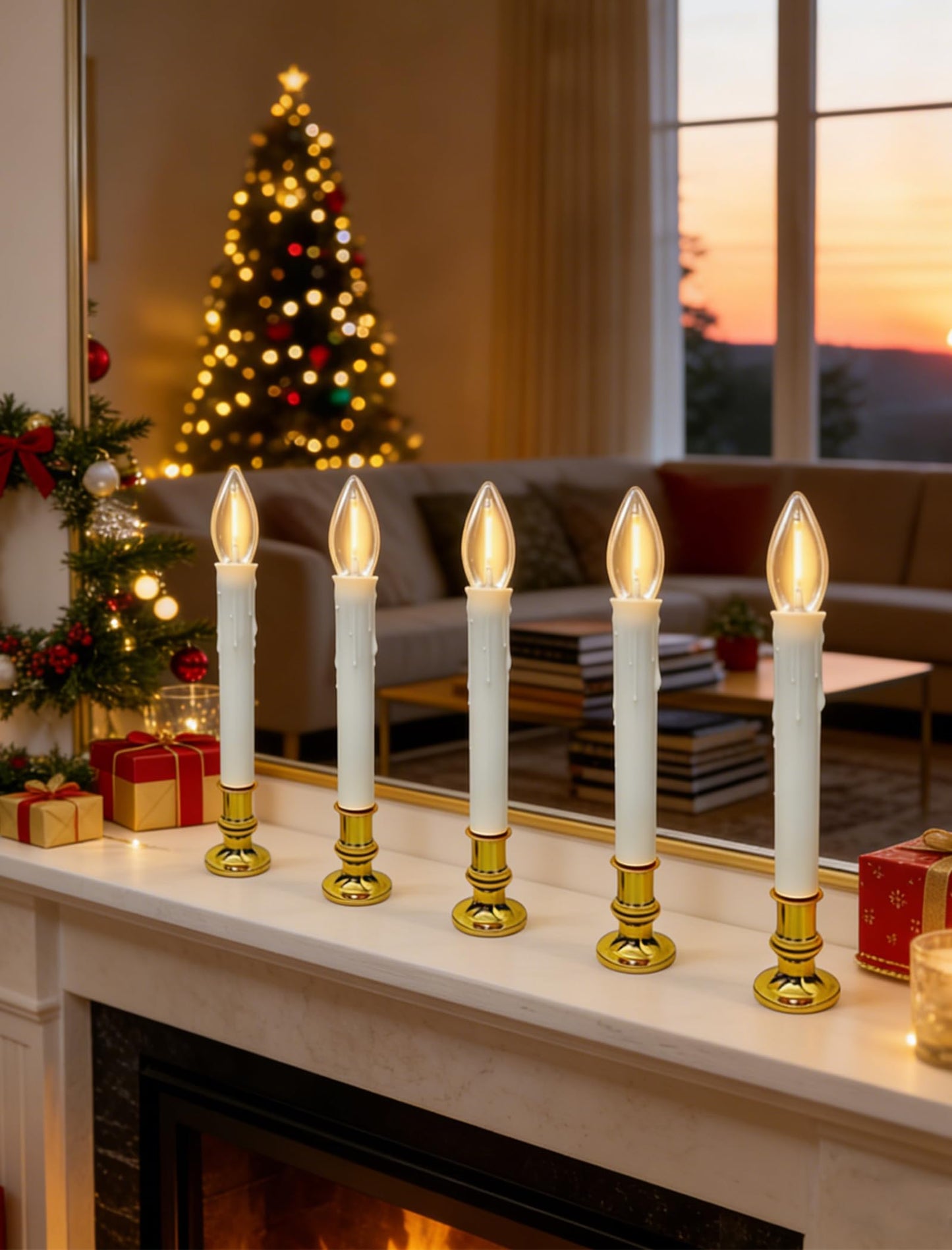 10 Pack Battery Operated Window Candles, Flameless Christmas Electric Candle with 6/18H Timer, Gold Base with Suction Cups, Warm White LED Lights for Xmas Wedding Holiday Indoor Table Window Decor