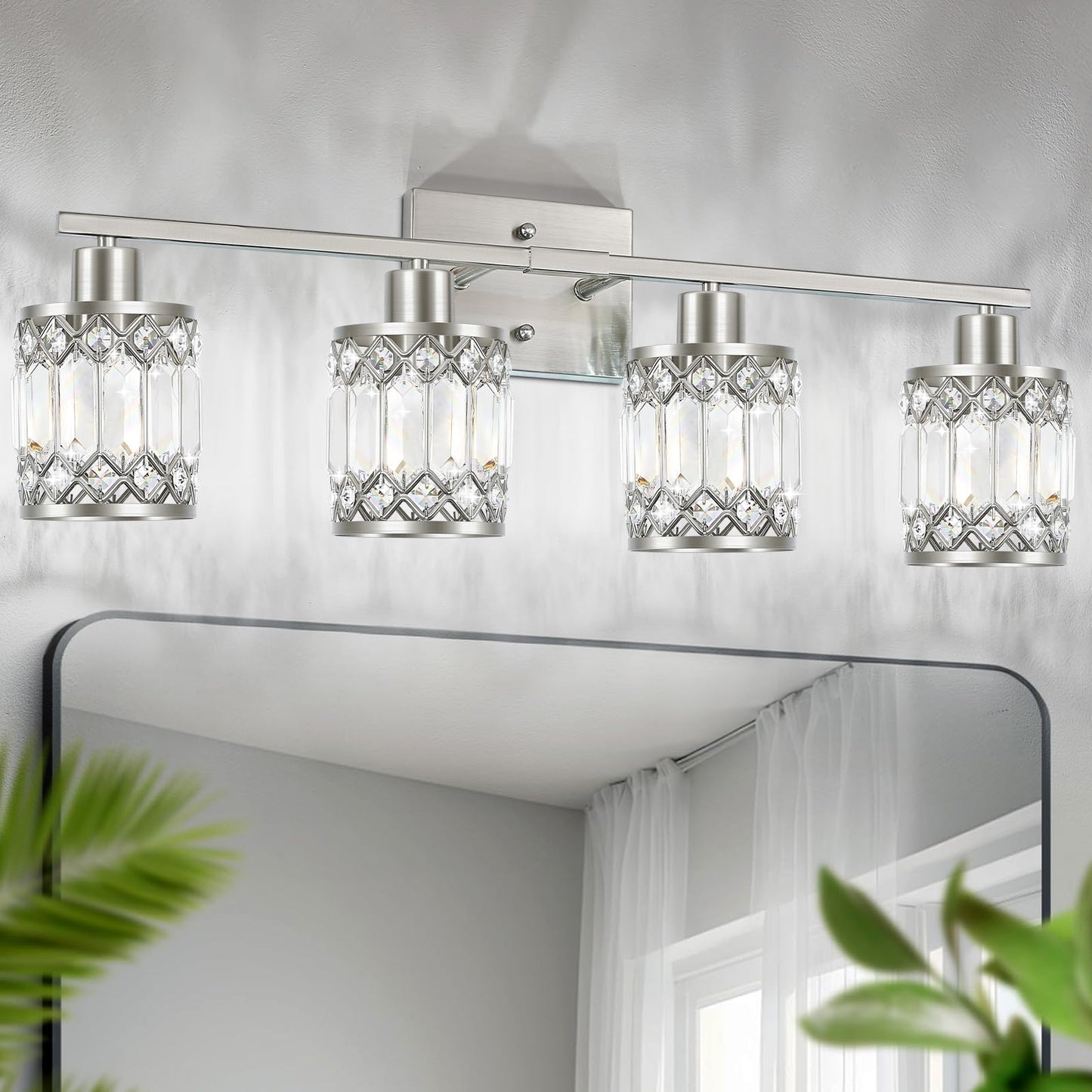 JZEKVN Crystal Modern Bathroom Light Fixtures, 4-Light Brushed Nickel Bathroom Vanity Wall Light, Vanity Lights for Mirror, Restroom, Bedroom (E26 Socket, Bulbs Not Included)