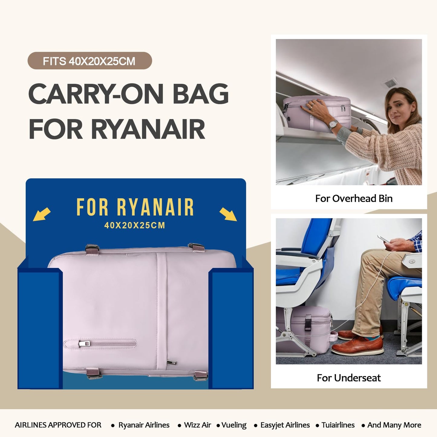 Xkdoai for Ryanair Cabin Bags 40x20x25, Travel Backpack Womens Underseat Cabin Bag Small Hand Luggage Bag Carry-ons Backpack Flight Bag with Bottle Holder