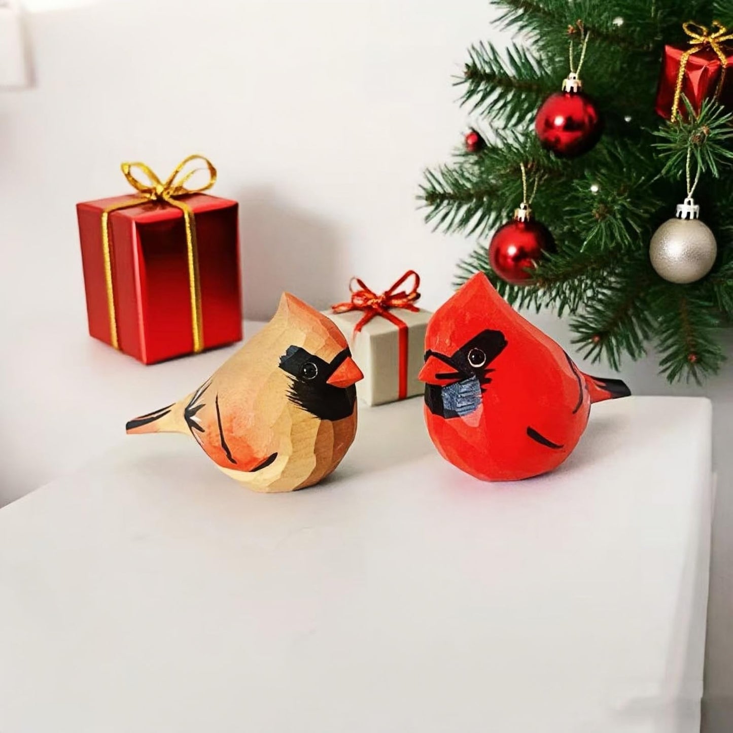 ShaoAngDuoMi Hand-Carved Wooden Northern Cardinal Figurines, 3.7" Cardinal Bird Pair (Red & Brown), Romantic Bird Decor for Home, Meaningful Gift for Bird Lovers