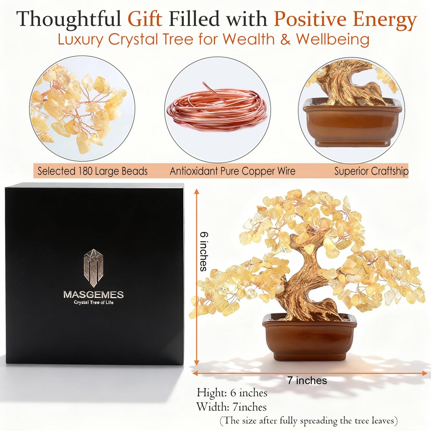 MASGEMES Citrine Crystal Tree of Life – Handmade Gemstone Bonsai with Natural Citrine Crystals & Copper Wire – Feng Shui Money Tree for Wealth, Healing Energy, Positive Vibes & Home Decor (6 Inches)