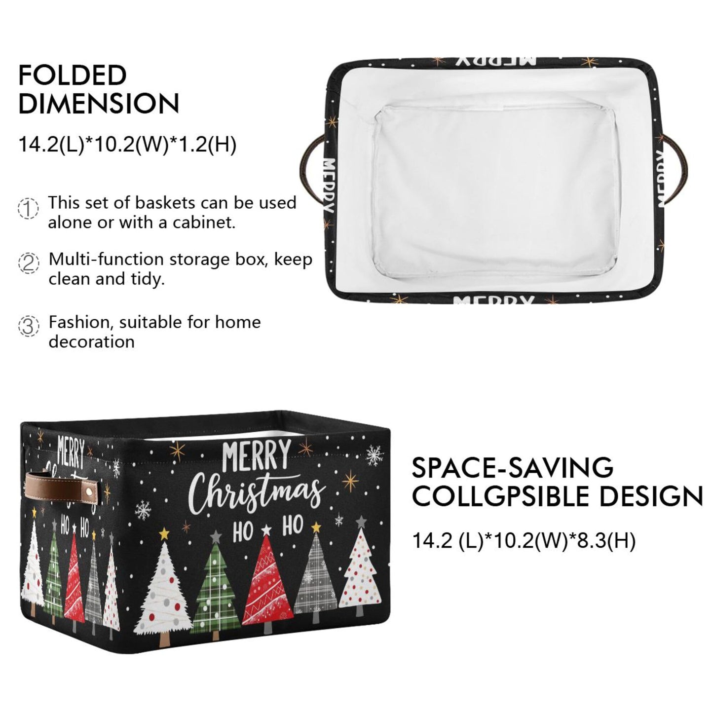 Merry Christmas Tree Black Storage Basket with Waterproof Liner and PU Handles Winter Snowflake Xmas Storage Bins Boxes 14.2" Collapsible Decorative Organizer Baskets for Bedroom Closet Office 1 Pack