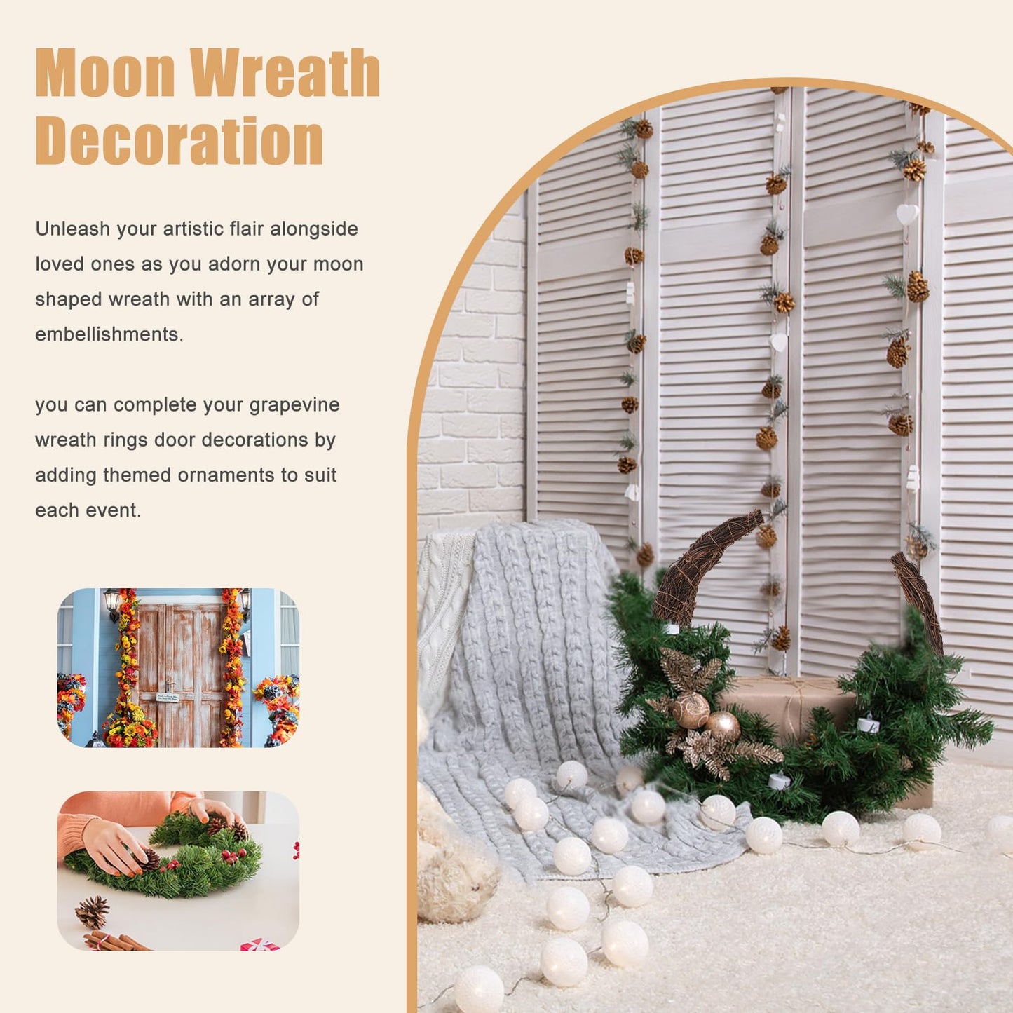 Temfmy Moon Wreath - 14 Inch Crescent Moon Natural Grapevine Wreaths Base - DIY Half Moon Shaped Wreath Making Supplies for Decor - 3 Pack