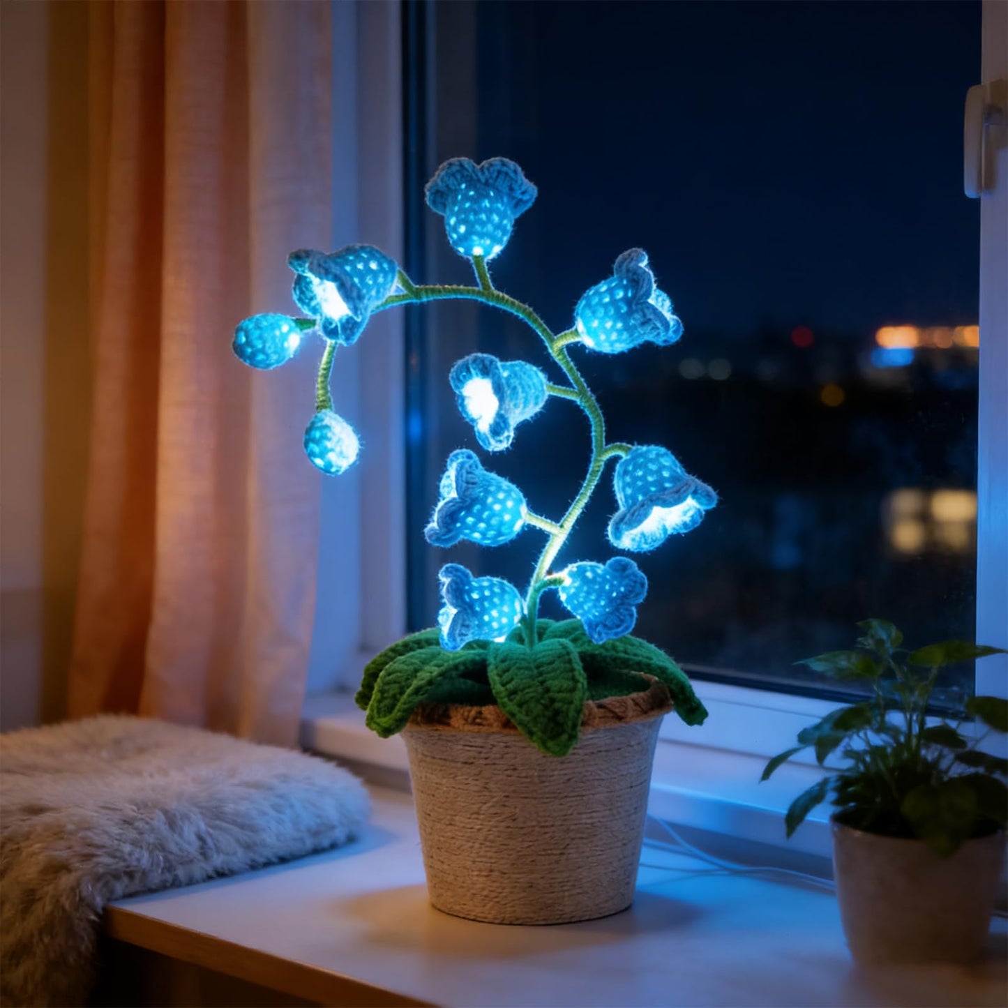 AVEKI Lily of Valley Lamp, Handmade Crochet Artificial Flower Lamp with Warm Light, Cute Desk Lamp for Bedroom, Battery Power Decor LED Night Light, Gift for Mom Daughter Girlfriend (Warm) (Blue)