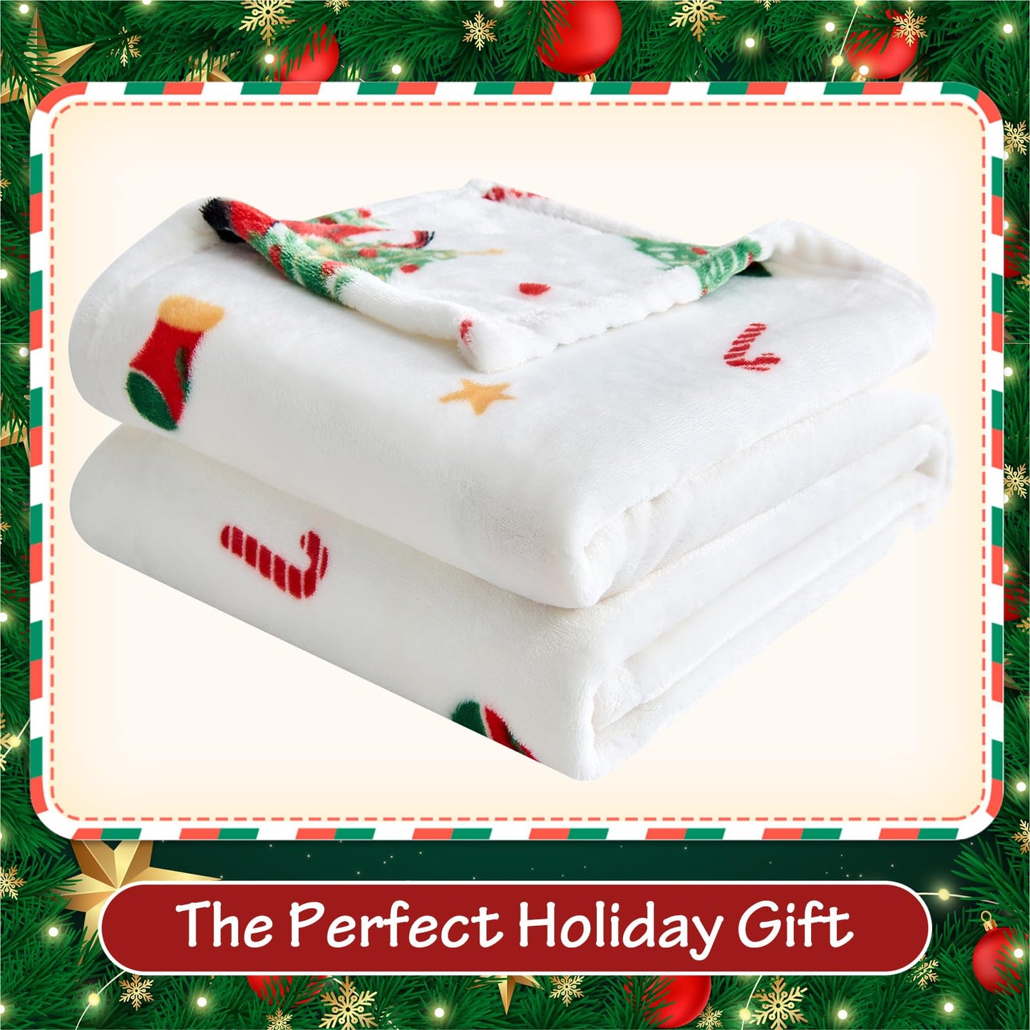 Edenleaf Christmas Blanket - White Holiday Throw with Santa Claus & Snowman - Warm Cozy Fleece Winter Blanket, 50x60 Inches，White