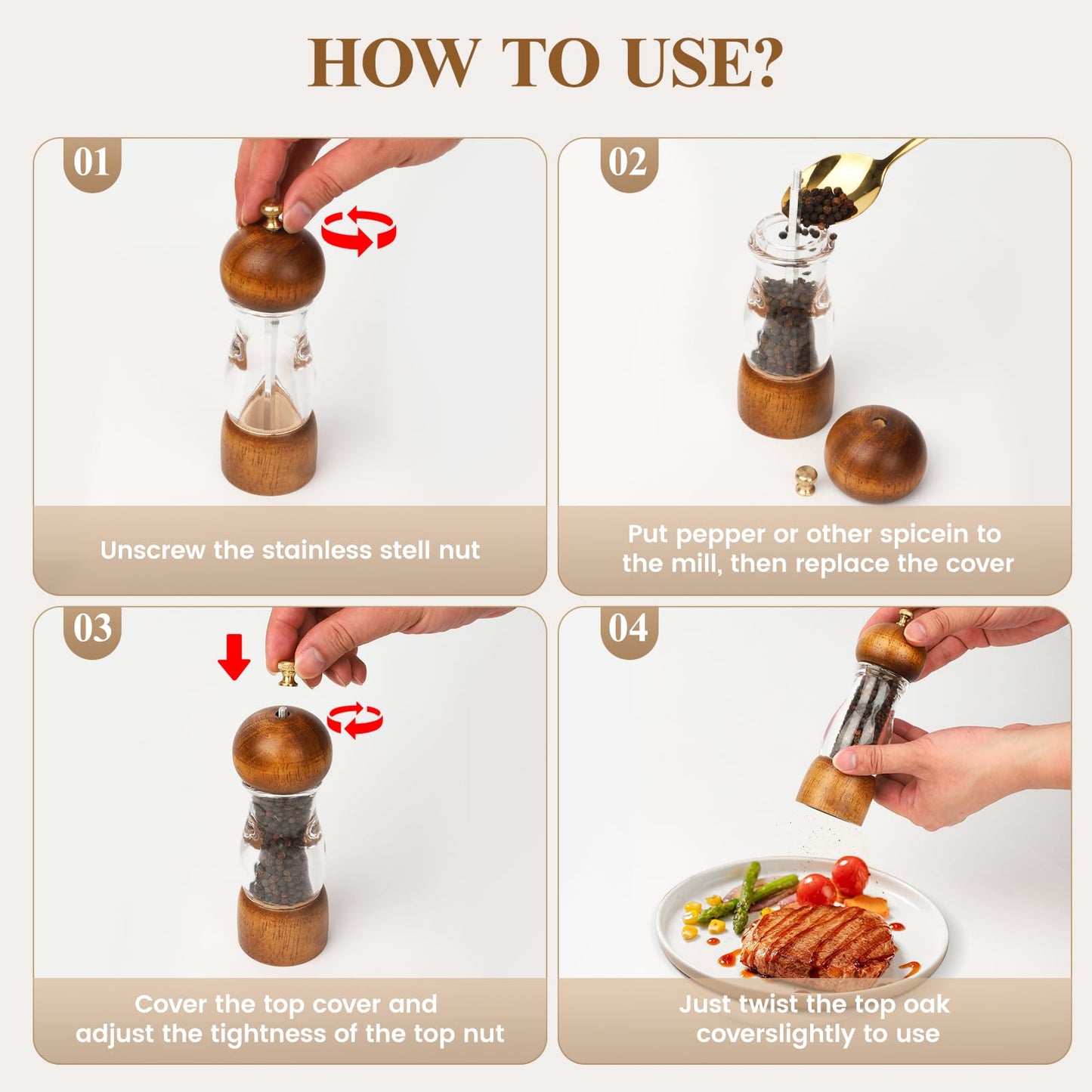 Wood Salt and Pepper Grinder, Manual Salt Grinder and Pepper Mill Refillable, Wooden Shakers with Adjustable Ceramic Grinders - 6 inches, 2 Pack