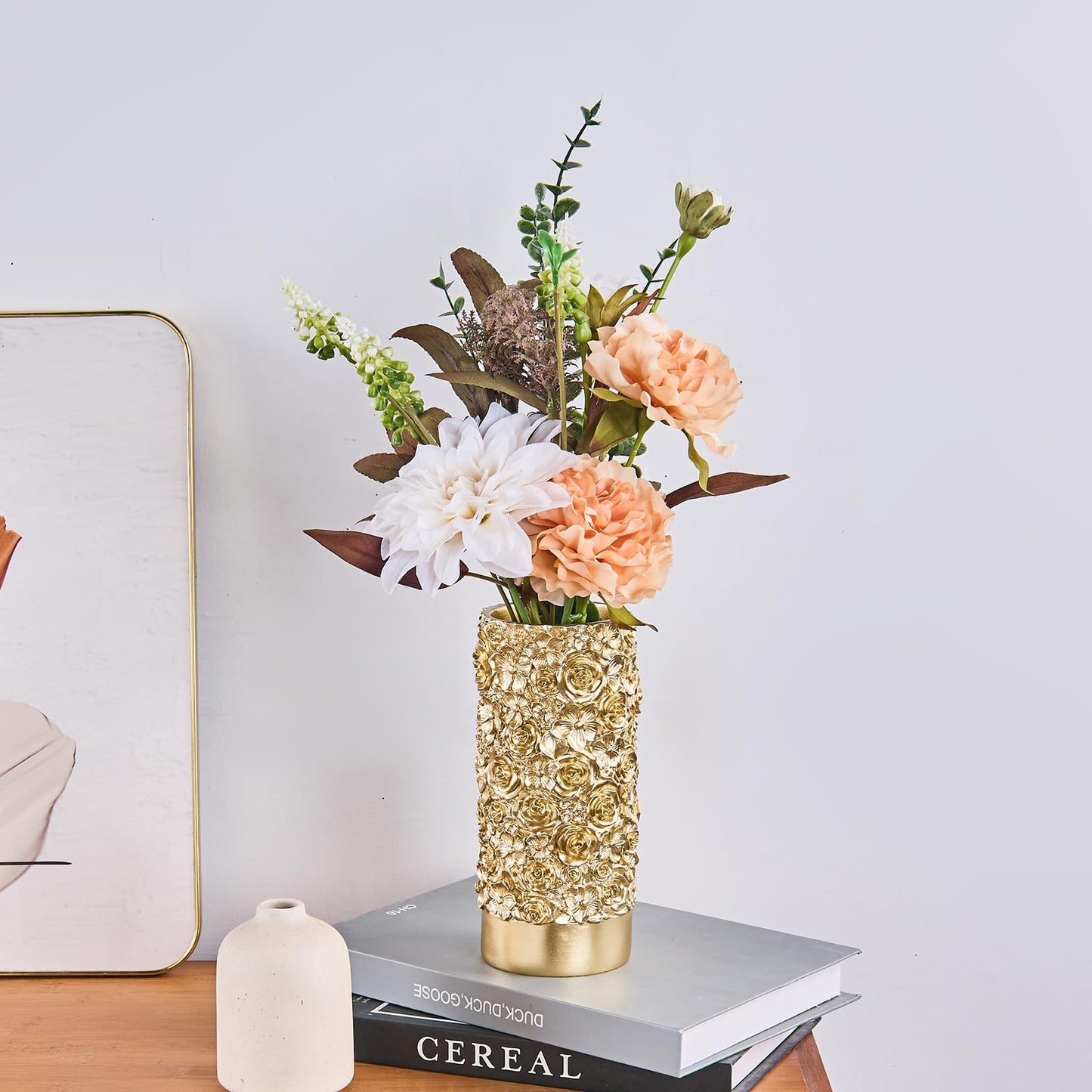 Gold Rose Hand-Carved Resin Vase – 8 Inch Decorative Cylinder Vase for Pampas Grass, Centerpiece, Home Decor | Elegant Entryway, Countertop & Nightstand Accent | Unique Housewarming Gift