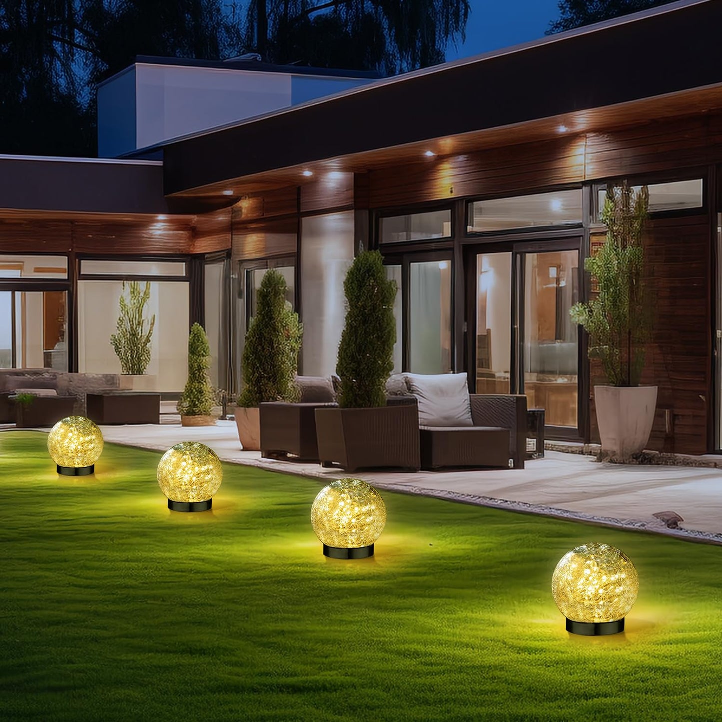 SyouHome Solar Garden Lights Outdoor Waterproof, 4 Pack Cracked Glass Ball Light, Ground Landscape Garden Decor, Solar Globe Decorative for Pathway/Patio/Lawn/Yard (Warm White, 4.7")