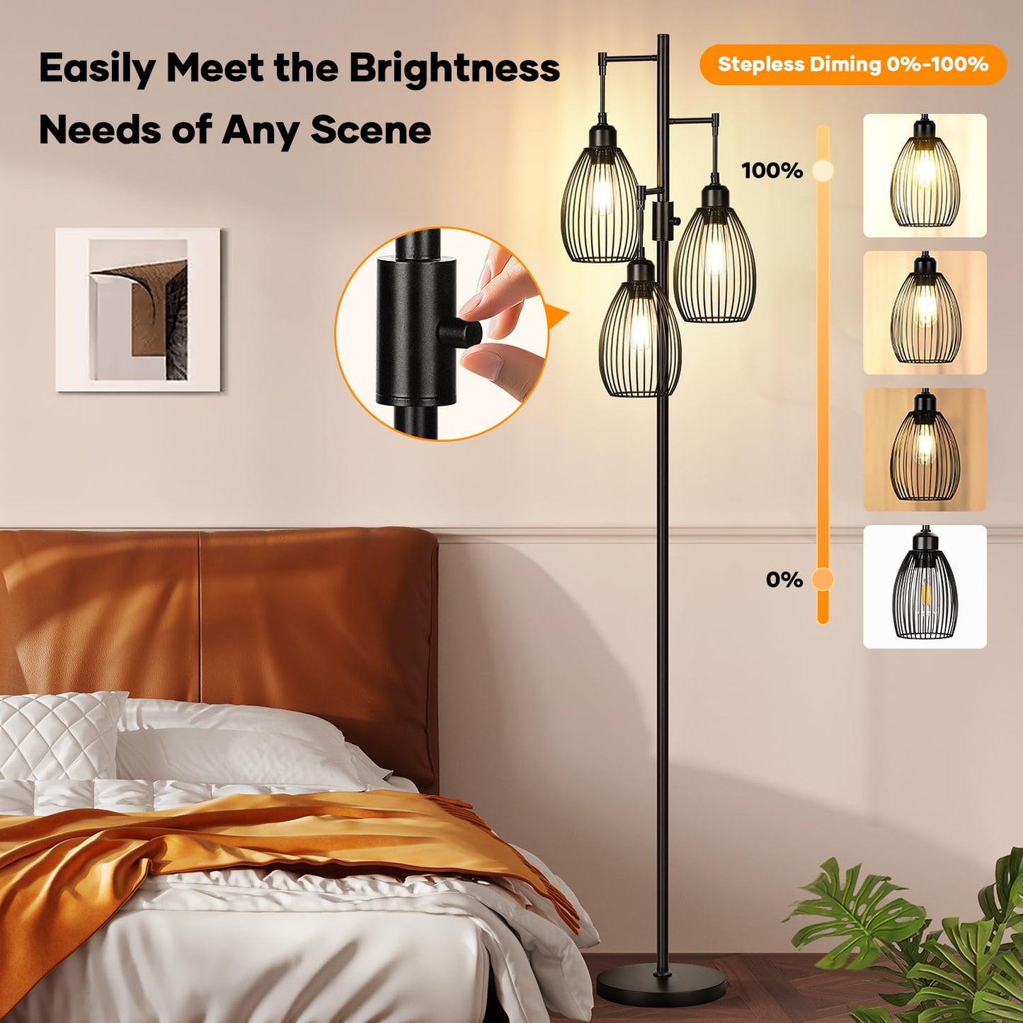 Dimmable Floor Lamp, 3 x 800LM LED Edison Bulbs Included, Farmhouse Industrial Floor Lamp Standing Tree Lamp with Elegant Teardrop Cage Tall Lamps for Living Room Bedroom Office Dining Room-Black