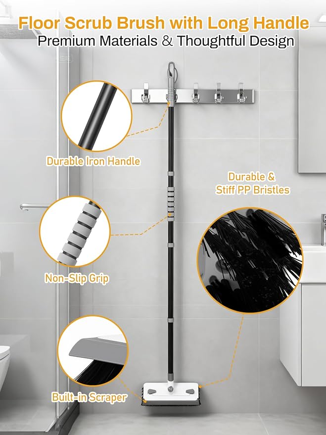3 in 1 Floor Scrub Brush with Long Handle 55" Push Broom Stiff Bristle Scrubber