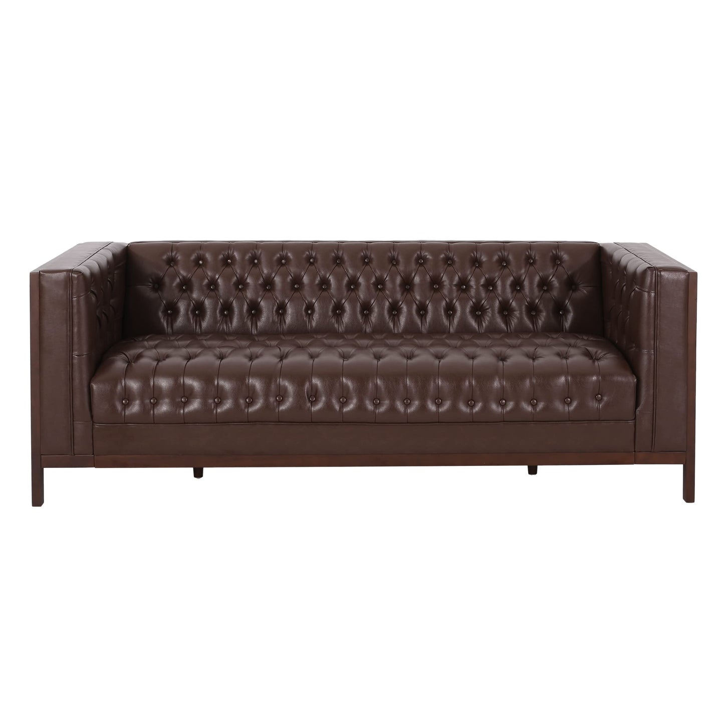 Merax 79 Inch Modern 3-Seater Sofa, Button Tufted Upholstered Couch with Tuxedo Arms & Rubberwood Frame, Low Profile Mid-Century Sofa for Living Room, Dark Brown