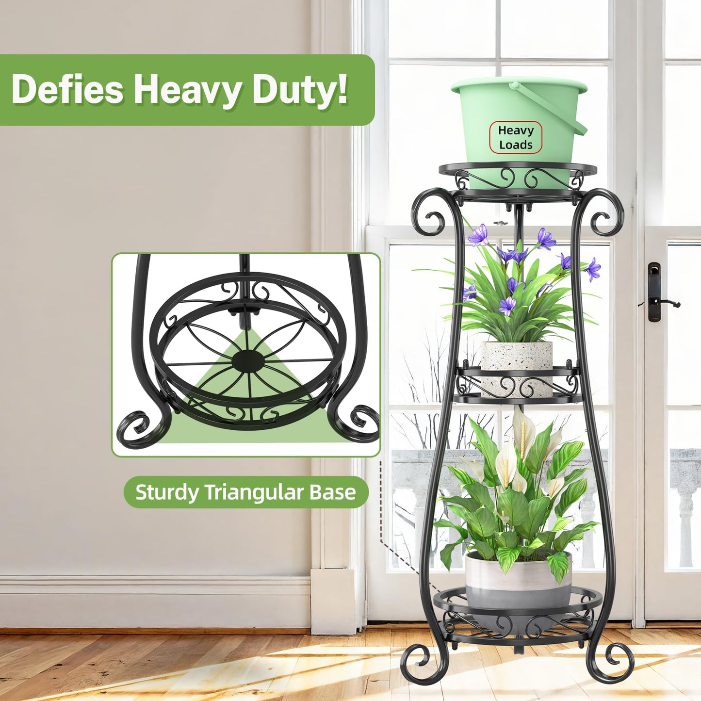 iDavosic.ly 3 Tier Metal Plant Stand Indoor Outdoor, Wrought Iron Corner Tall Flower Pot Holder Shelf, 34 Inch Vertical Heavy Duty Display Rack for Patio Porch Living Room Garden, Black