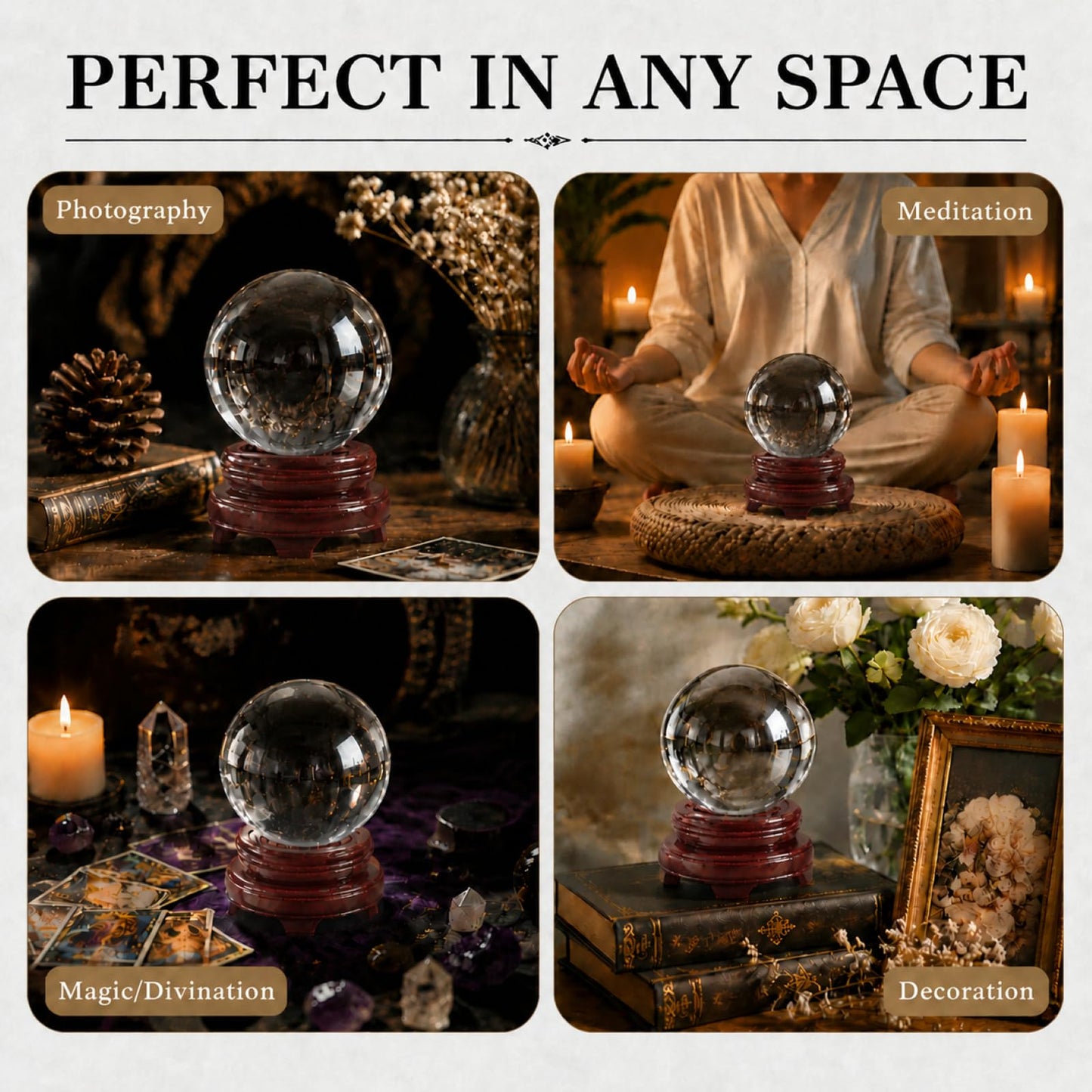 Woodvine Crystal Ball 100mm Clear K9 Crystal Ball with Wooden Stand and Gift Box, Crystal Sphere for Meditation, Feng Shui Decor, Lensball Photography Prop, Office Decor Gift (Clear-100mm)