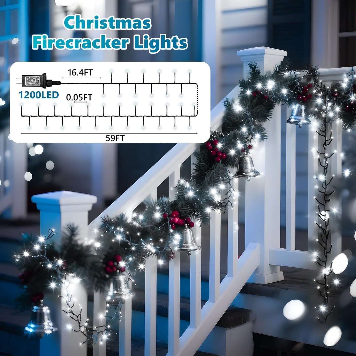 1200 LED 59FT Christmas Cluster Lights, Cool White Christmas Tree Lights Outdoor, Firecrackers String Light with 12 Modes Timer Remote, Waterproof Plug in Twinkle Fairy Light for Xmas Tree Garland