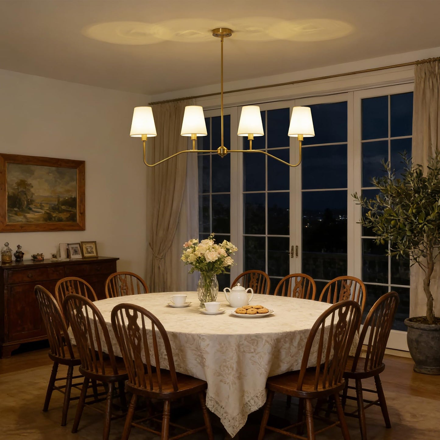 2-Pack Brass Gold Chandeliers Set, 6-Light Modern Fabric Shade Chandelier and 4-Light Linear Kitchen Island Lighting, Antique Classic Hanging Light Fixtures for Dining Room, Living Room Kitchen