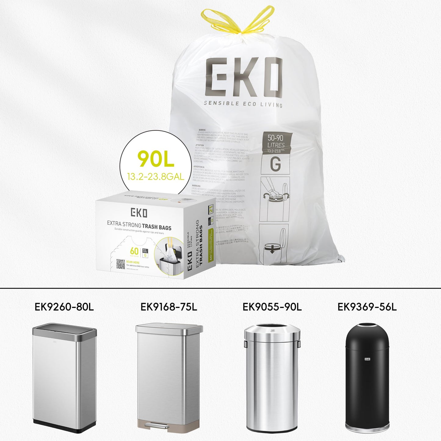 EKO 80 Liter Motion Sensor Trash Can Starter Set - Includes Mirage-X 80 Liter Automatic Touchless Trash Can Plus 60-Count of 21 Gallon Extra-Strong Drawstring Trash Bags