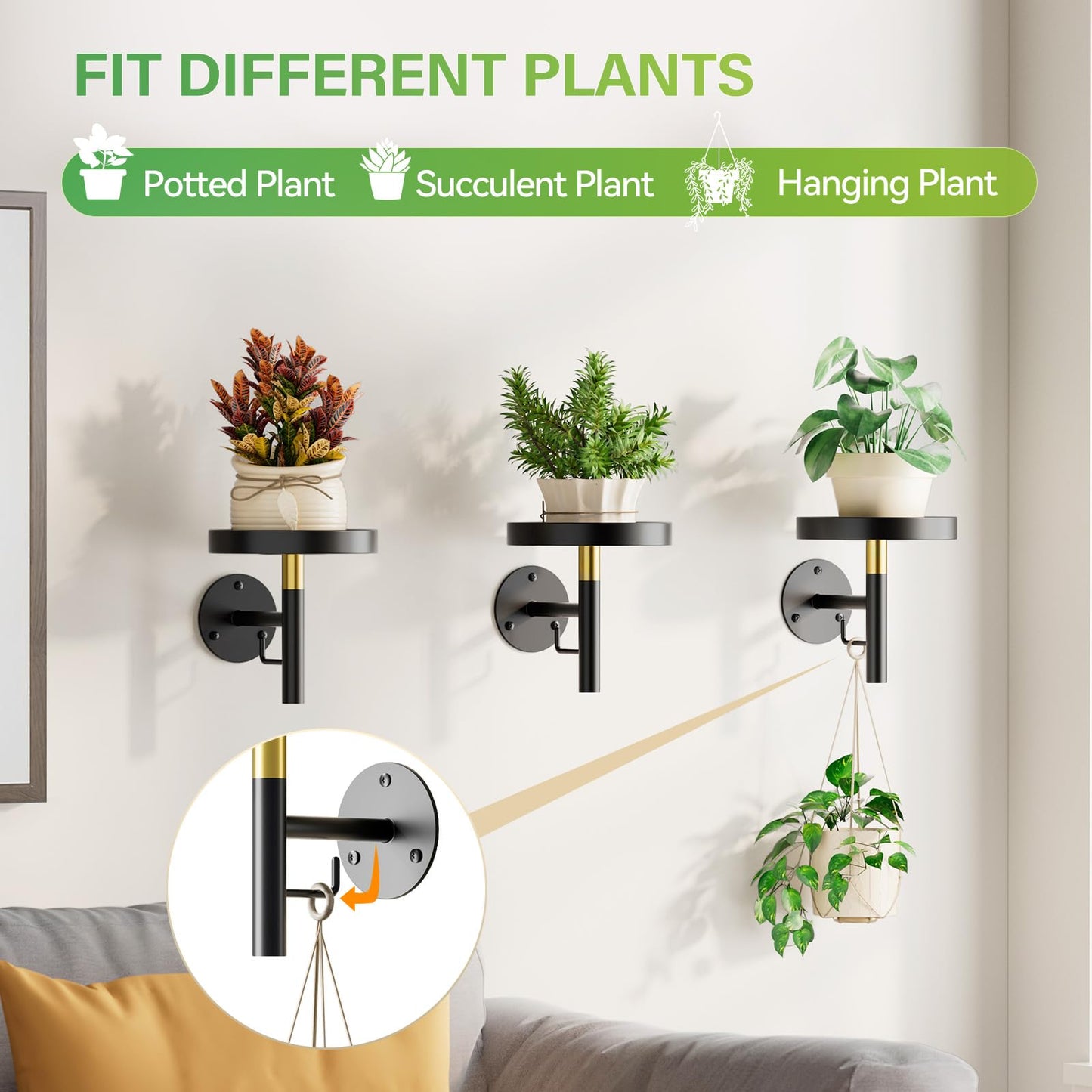 DELLAN Wall Plant Holder, 3 Pack Metal Wall Planters Stand Hanging Shelves for Indoor Plants, Window Sill Plant Decor for Bedroom, Bathroom, Living Room, Home, Office, BlackGold