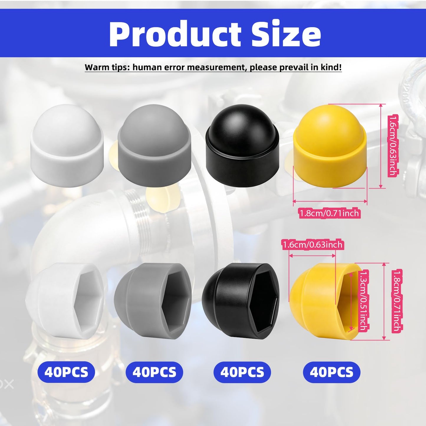 160 Pcs M8 Hex Nut Protection Caps, M8x13x16mm Plastic Bolt Covers, Dome Acorn Guards, Decorative Protective Caps, White Black Gray Yellow