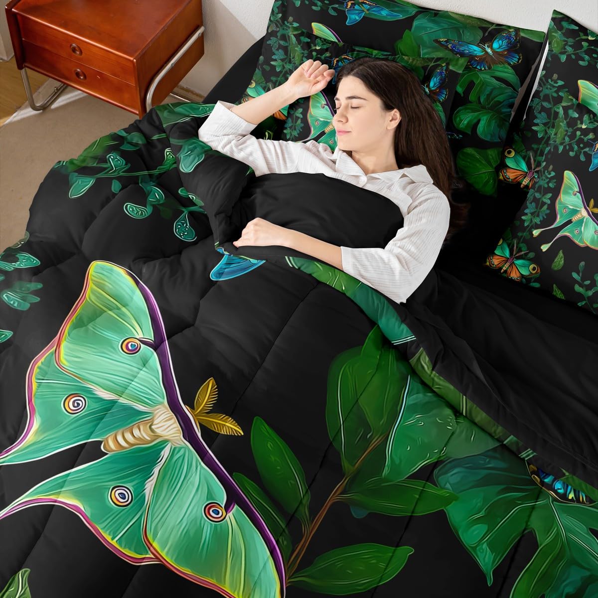 Erosebridal Colorful Butterfly Comforter Set Moth Bed in A Bag Full Size 7 Pieces Palm Leaves Banana Bed Set Hawaiian Tropical Leaves Bedding