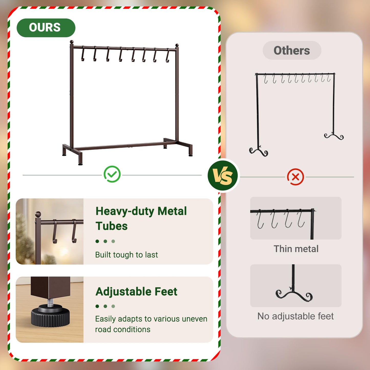 ELYKEN Christmas Stocking Holder, Free Standing Stocking Rack with 8 Removable Hooks, Small Stocking Stand, Heavy Duty Metal Tubes with Stable Base and Adjustable Feet, Bronze