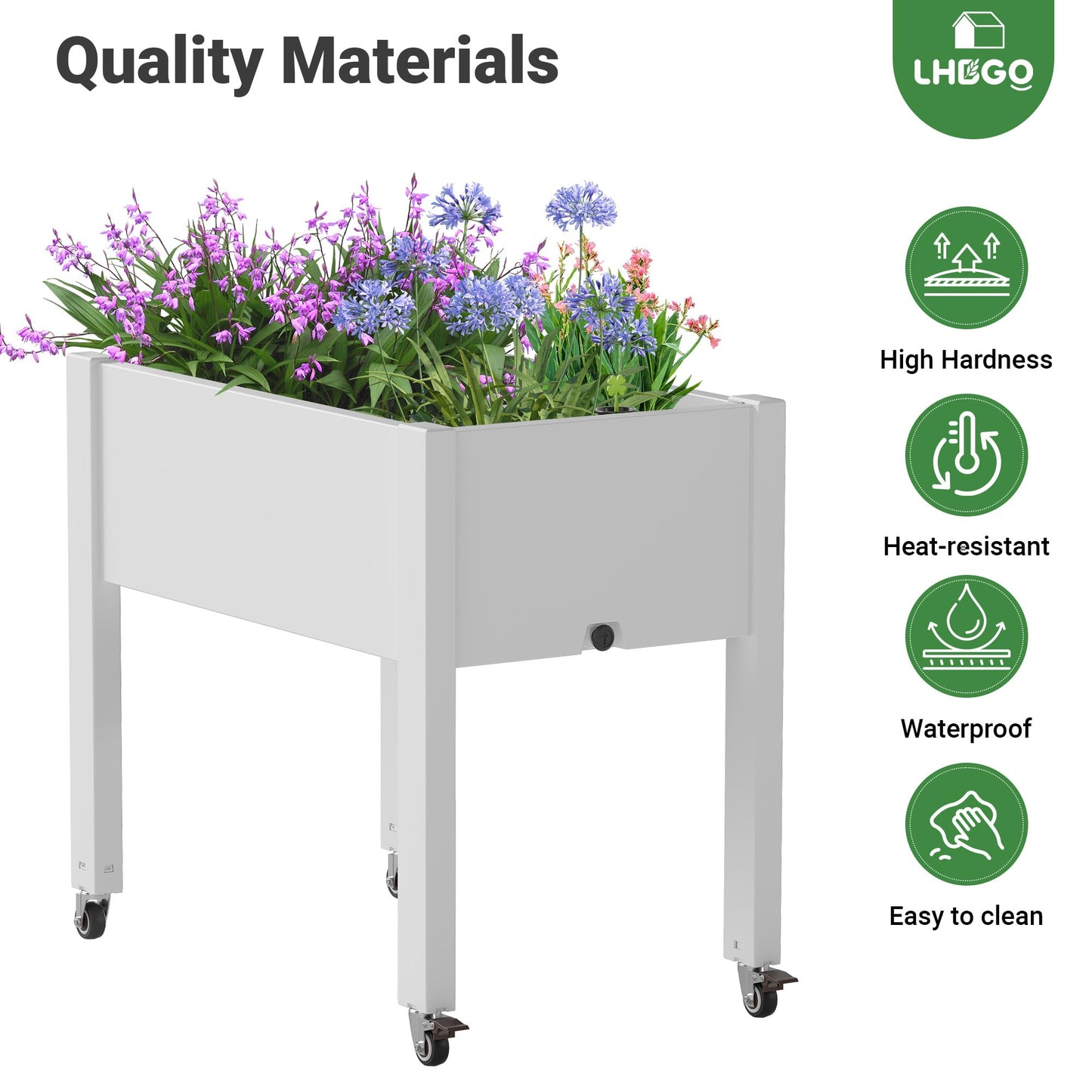 LHBGO Raised Garden Bed with Wheels - Outdoor Mobile Elevated Resin Planter Box with Drainage Holes for Vegetables Flower Herbs (1 Pack, White)