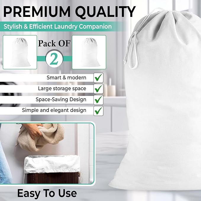 2 Pack - Extra Large Cotton Laundry Bag, Heavy Duty Large Laundry Bags 24 x 36
