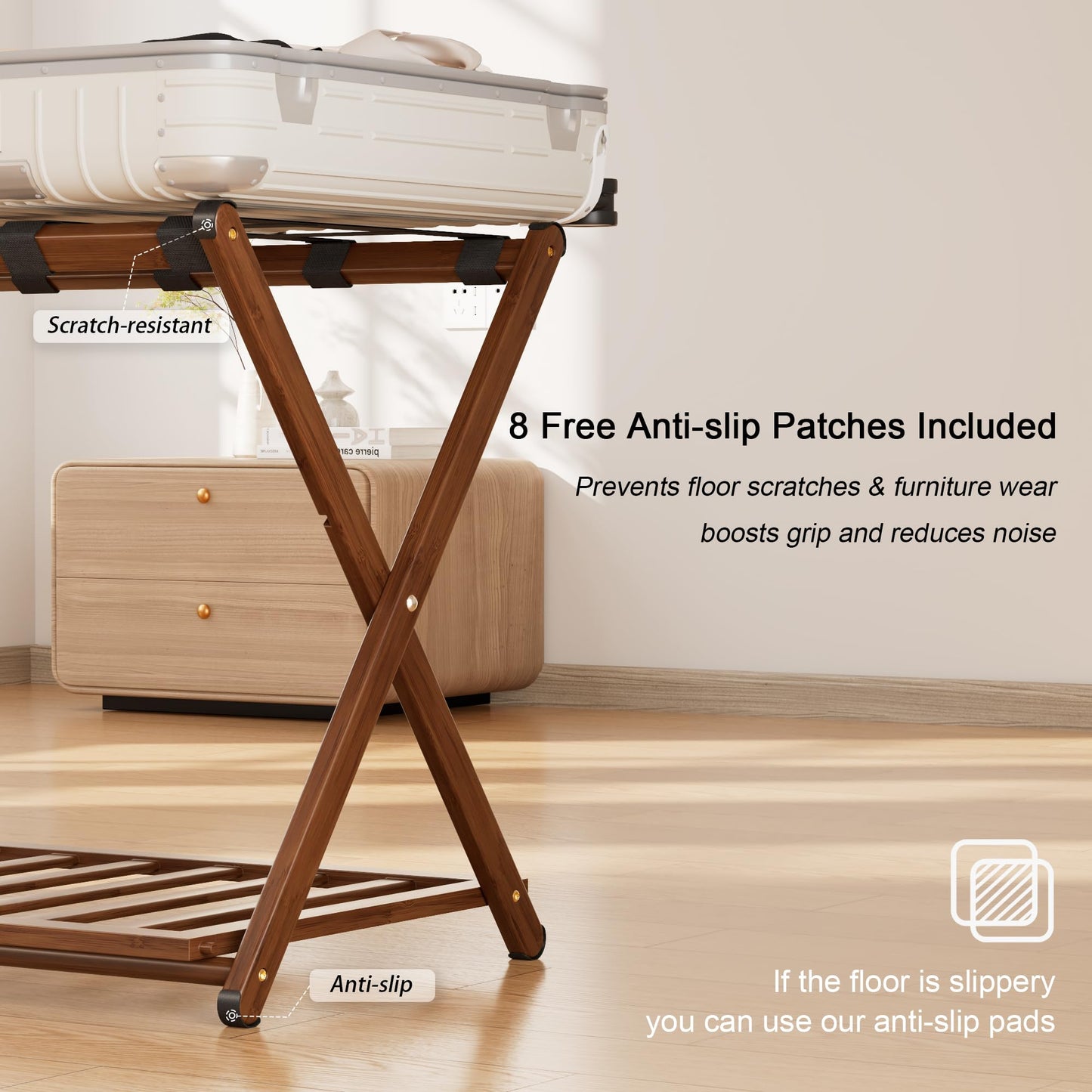 SANLUCE Fully Assembled Luggage Rack Set of 2 for Guest Room, Bamboo Suitcase Stand with Foldable Storage Shelf, Crossed Nylon Straps Folding Luggage Holder for Bedroom and Hotel, Walnut