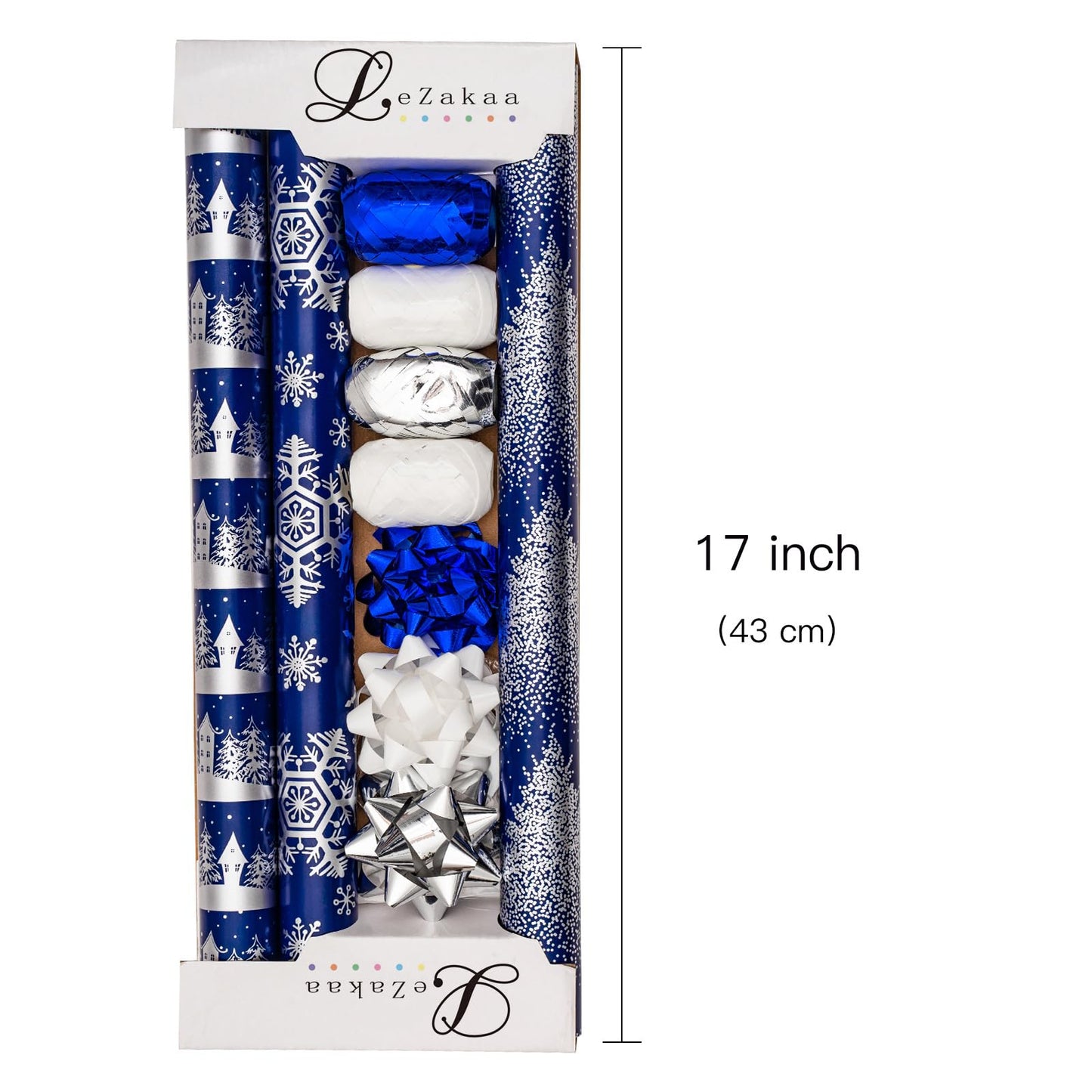 LeZakaa Christmas Wrapping Paper Bundle -Mini Roll with Bow, Ribbon, Sticker, Gift Tag -Navy with Silver Foil Design with Snowy Woodland Scenes/Snowflake/Tree-17x120 inches-3 Rolls (42.5sq.ft.ttl.)