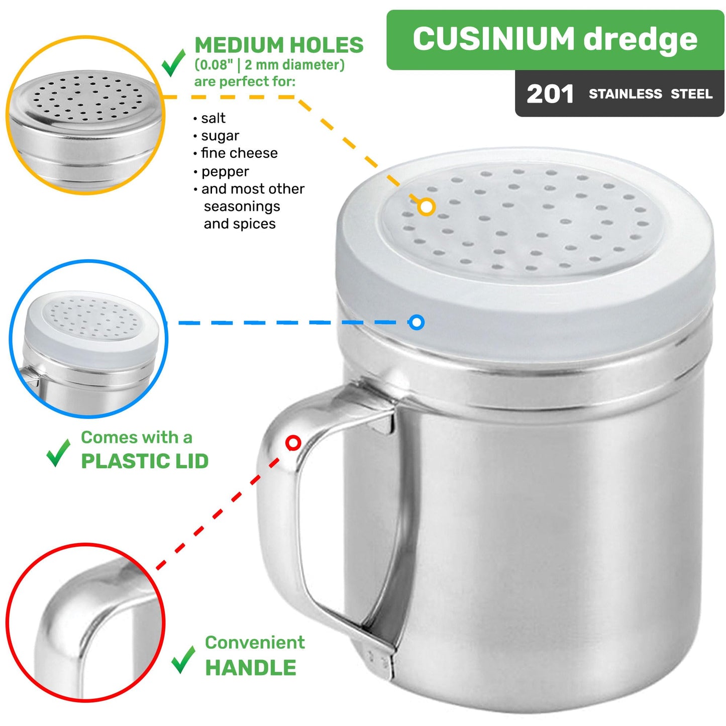 CUSINIUM [Set of 3] 10oz Stainless Steel Dredges With Handle - Fine Mesh + Medium Holes + Large Holes (For Coarse Seasonings)