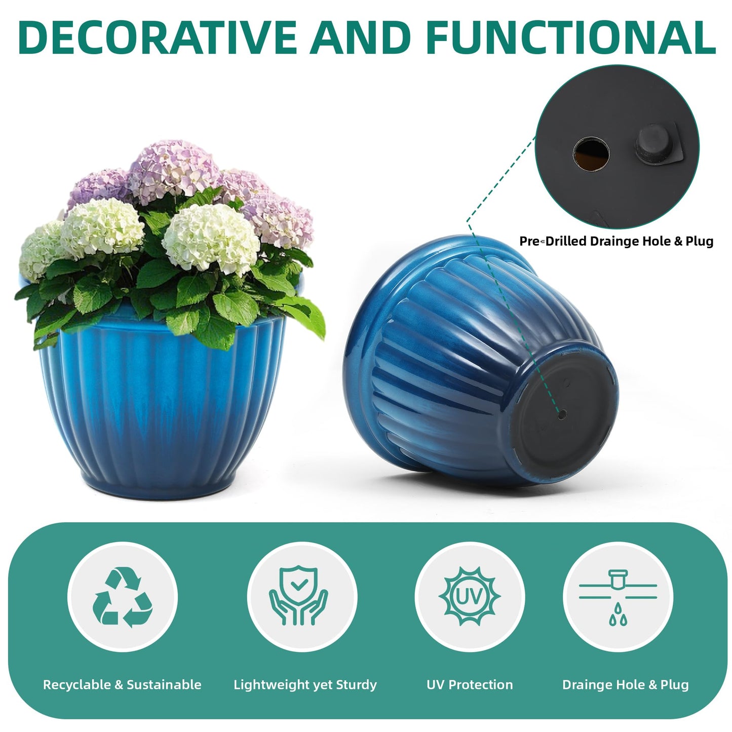 Autodaya 15" Large Flower Pots, Set of 2 Plastic Planters for Outdoor Indoor Plants with 3D Textures, Weather-Resistant for Porch, Garden, Patio or Indoor Use, Gradient Cobalt Blue