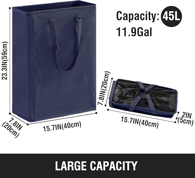 Slim Laundry Hamper with Adjustable Long Handles, 45L Small Laundry Baskets