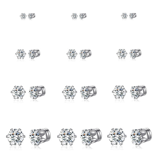 Spiritlele 12 Pairs Silver Small Big Cubic Zirconia Magnetic Earrings Clip on Non Piercing Earrings Set Unisex 4MM-7MM