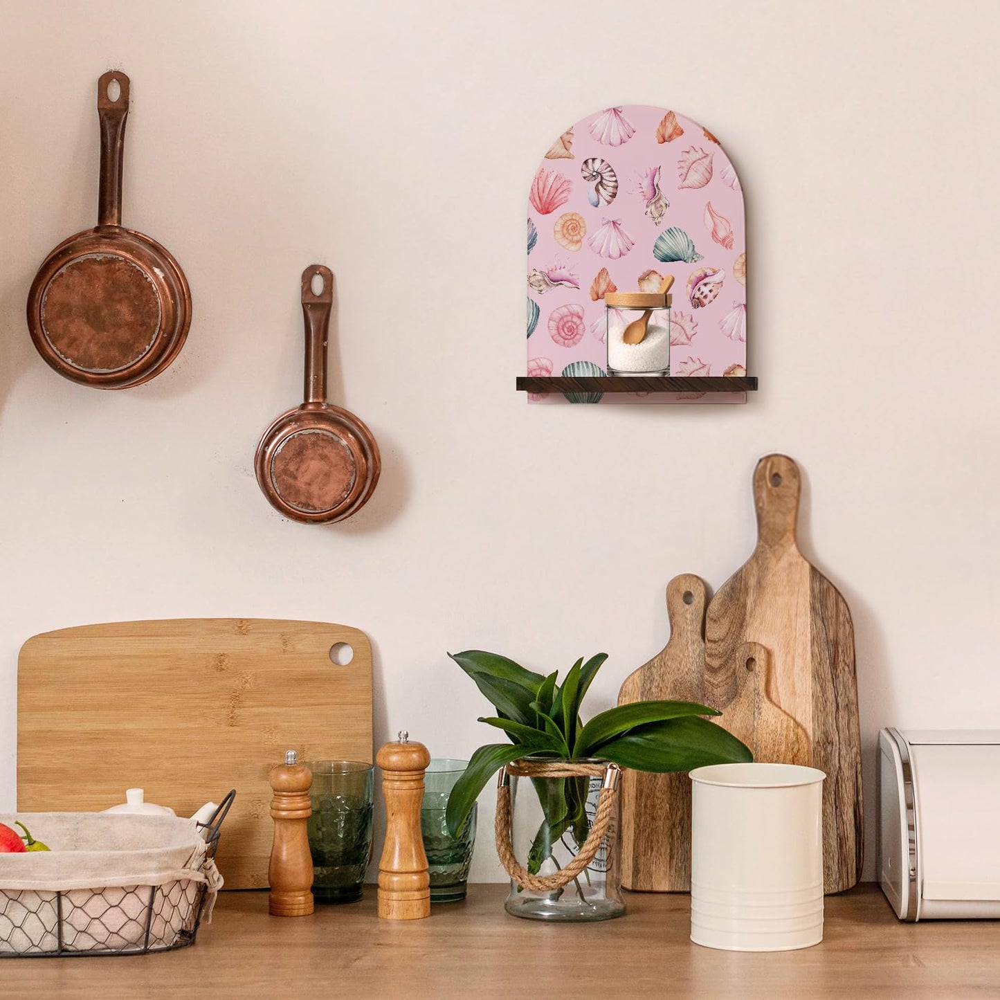 GWFSJYU Pink Berach Coastal Seashell Arched Wall Shelf Decor, Preppy Seashell Wooden Floating Shelves, Pink Coastal Sea Shell Hanging Wall Shelves Decor for Bathroom Living Room, 11.81x8.74In