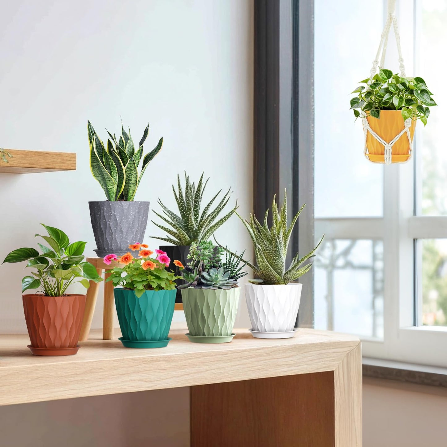 Meowell 7 inch Plant Pots for Indoor Outdoor Plants, 5 Pack Thick Nursery Pots with Drainage Holes and Saucers, 3D Modern Wave Texture Plastic Planter Pots for Flowers and House Plants, White